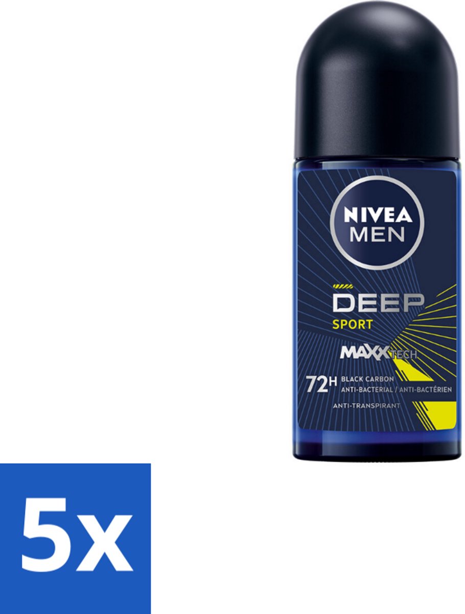 5 x NIVEA MEN - Deodorant Roller - Deep Sport - 50 ml - Anti-transpirant - Sport Deodorant - Frisheid - Zweetbestendig - Citrusgeur