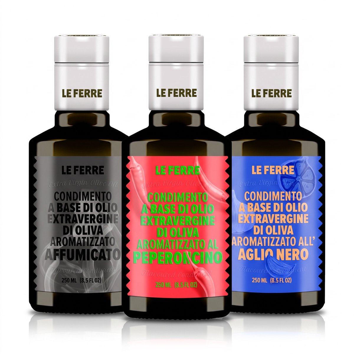 Le Ferre - Italiaanse Olijfolie Spicy & Hearty Trio Set (3x 250 ml) – Chili, Knoflook & Gerookte – Premium Extra Vierge Infusies – Luxe Cadeauset voor Pasta, BBQ, Pizza & Marinades