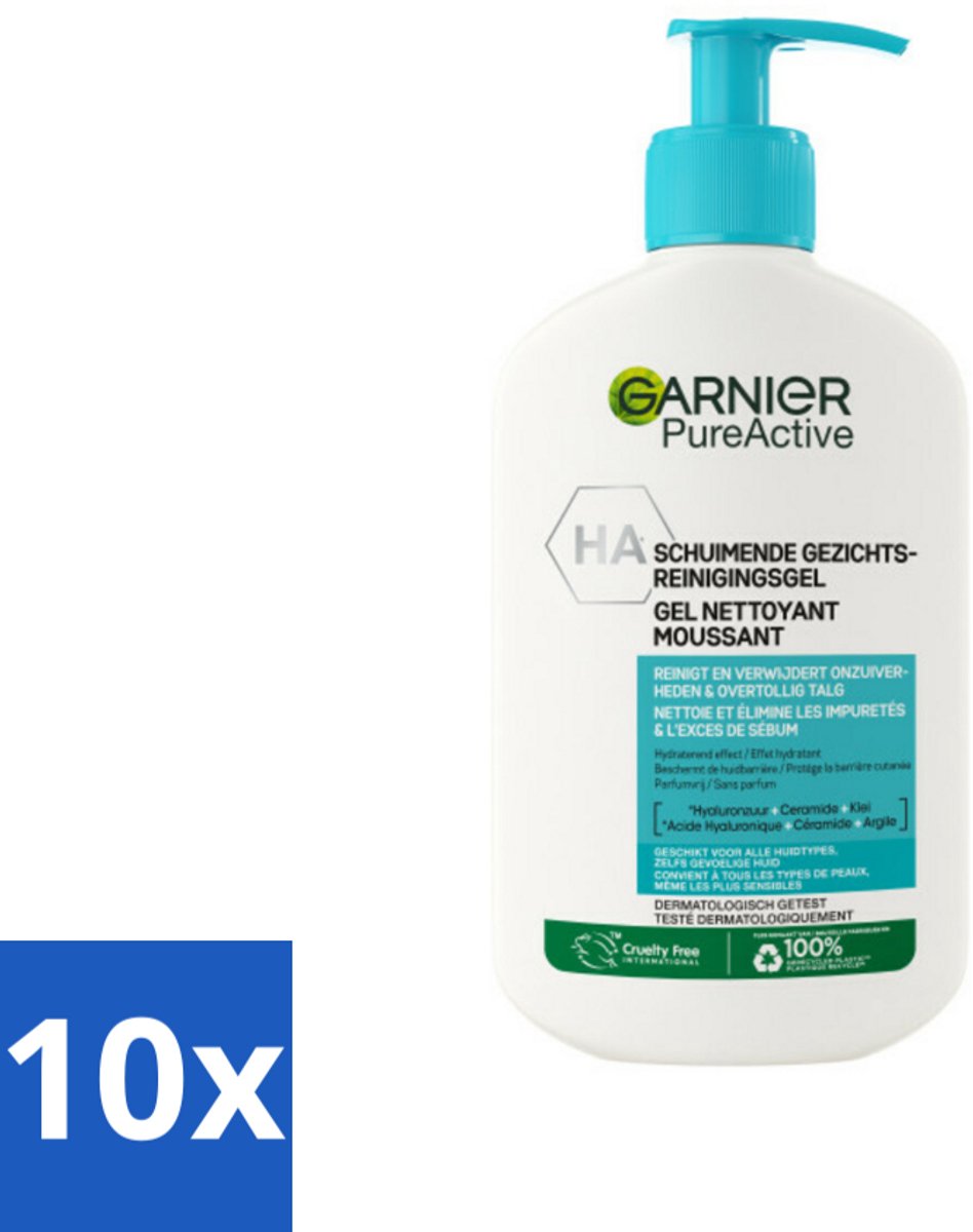 10 x Garnier - Pure Active - Gezichtsreiniger - Hydraterend - 250 ml - Gezichtsreiniger - Hydraterend - Zuivere Huid - Huidbarrière - Hyaluronzuur