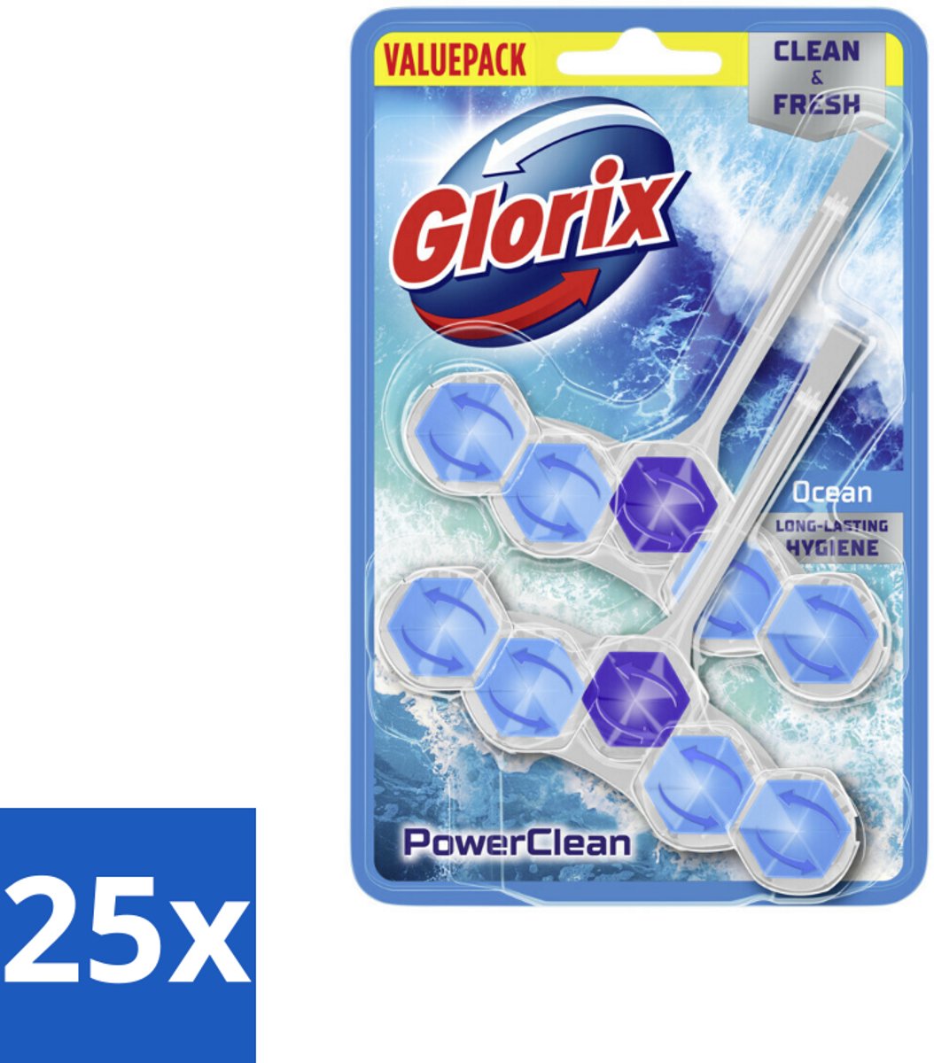 25 x Glorix - Toiletblok - Power Clean Ocean - Frisse Geur - 2 blokken - Toiletblok - Hygiëne - Reiniging - Anti-kalk - Oceaangeur