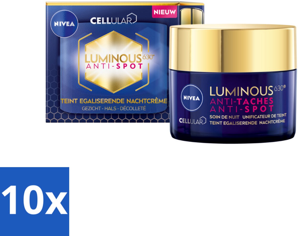 10 x NIVEA - Nachtcrème - CELLular LUMINOUS630 Tegen Vlekken - Egaliserend - Tegen pigmentvlekken - Met Hyaluronzuur - 50 ml - Anti-spot Crème - Pigmentvlekken - Huidverzorging - Nachtcrème - Egaliserend