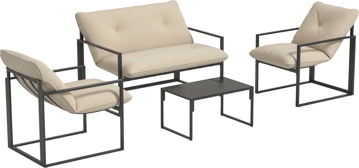 Tuinmeubilair 4 - delige tuinmeubelset voor 4 personen met 2 - zits bank - 2 fauteuils en 1 grijs salontafel - 3 kussens voor terras en tuin