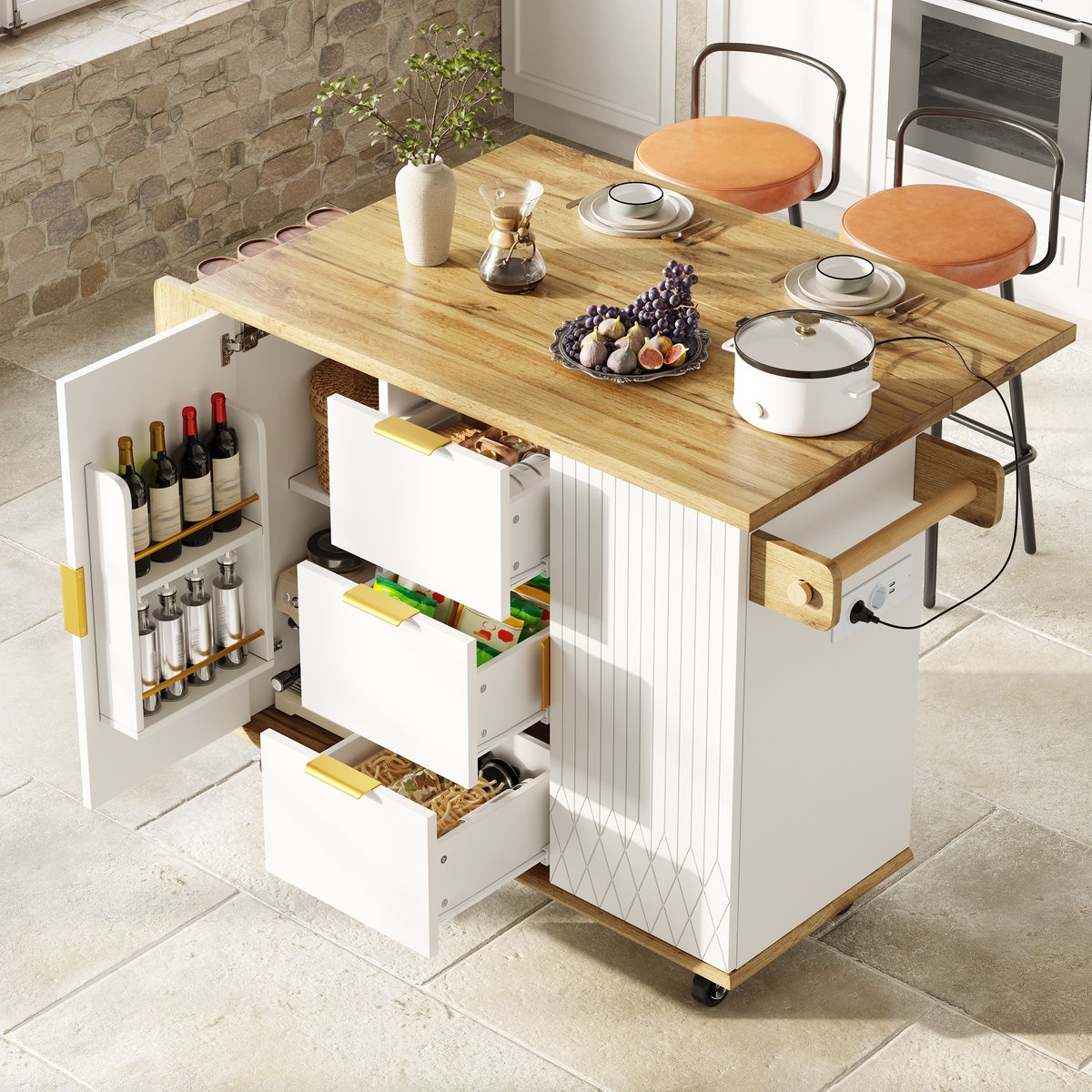 REDOM- Keukenwagen set met 2 barkrukken - Mobiele keukeneilandkast met uitklapbaar werkblad en stroomaansluiting - Opbergruimte en wielen - MDF met metaal - Wit - 134 x 46/74 x 88 cm