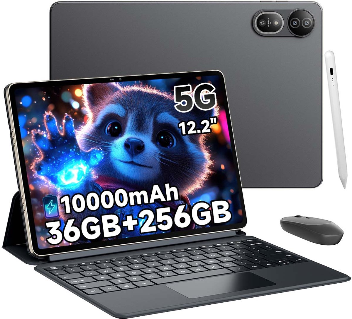 Tablette Blackview Mega 12 - 12,2 inch - Android 16 - 5G - 36GB RAM - 256GB ROM - 10000mAh Accu - 50MP+8MP Camera - Met toetsenbord en stylus - Grijs