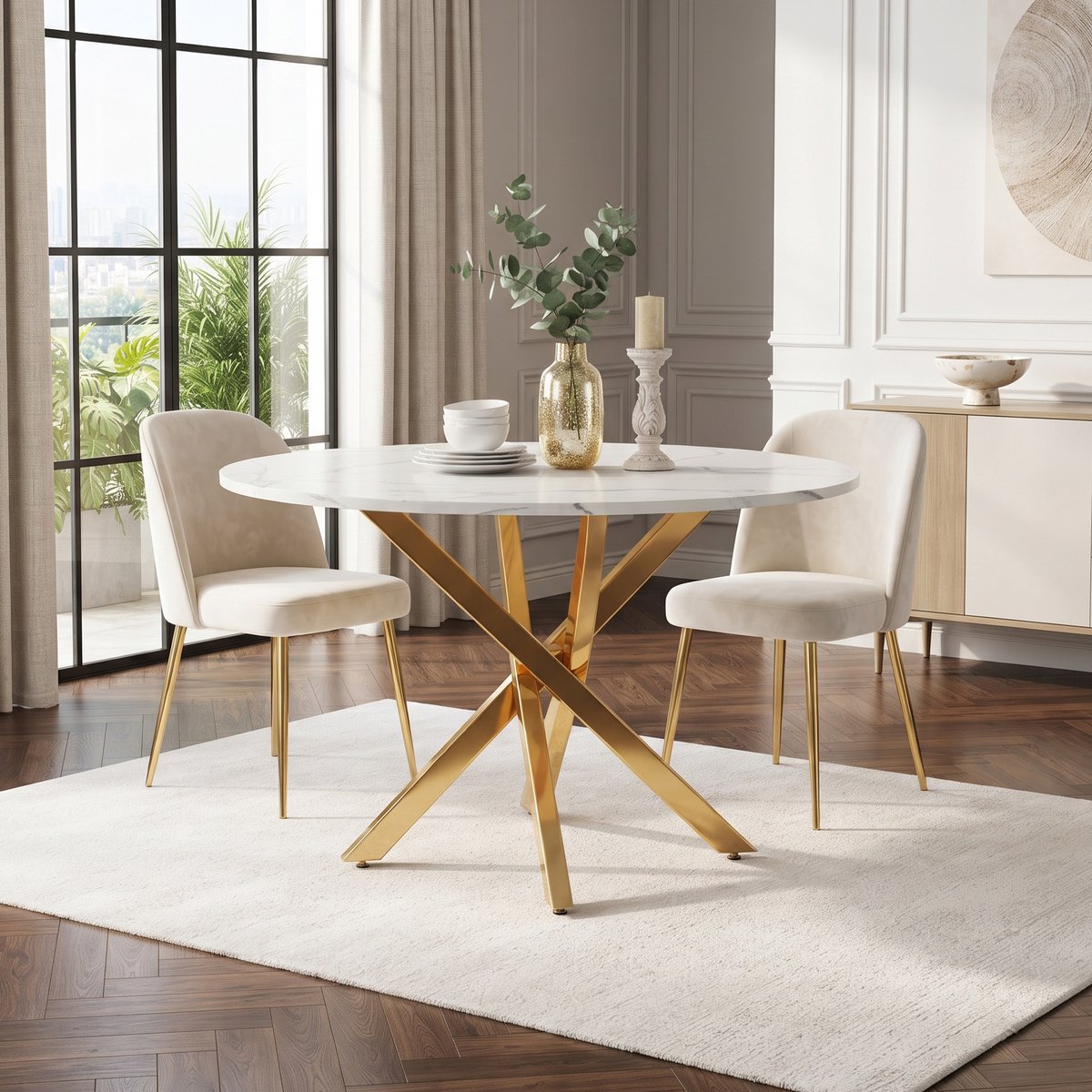 VVBV Eettafel 80x80x75 cm - Rond, Marmerlook, Ruimtebesparend - Goud/Wit, MDF