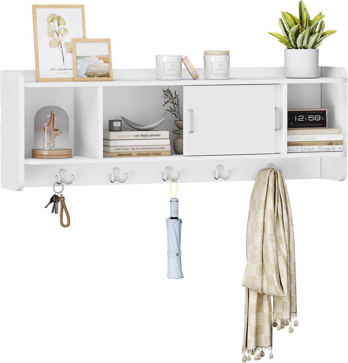 Hzuaneri Wandgarderobe, halgarderobe met 4 opbergvakken, 5 haken, wandrek met schuifdeur, garderobestand, kledingstang, voor hal, slaapkamer, woonkamer, 101 x 33 x 15 cm, Wit
