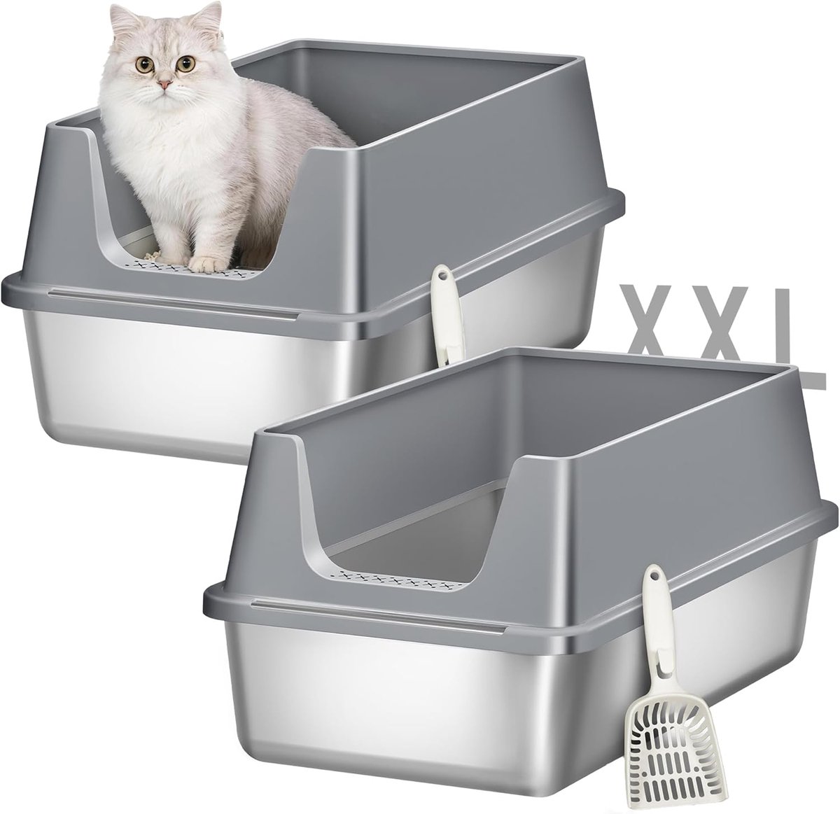 HILINSIE 2-delige Set Roestvrijstalen Kattenbak, 60,5x40x29cm, Donkergrijs,XXL Metalen Kattenbak met Grote Inhoud, kattenbakken met Hoge Randen en Schepje, Eenvoudig Schoon te Maken