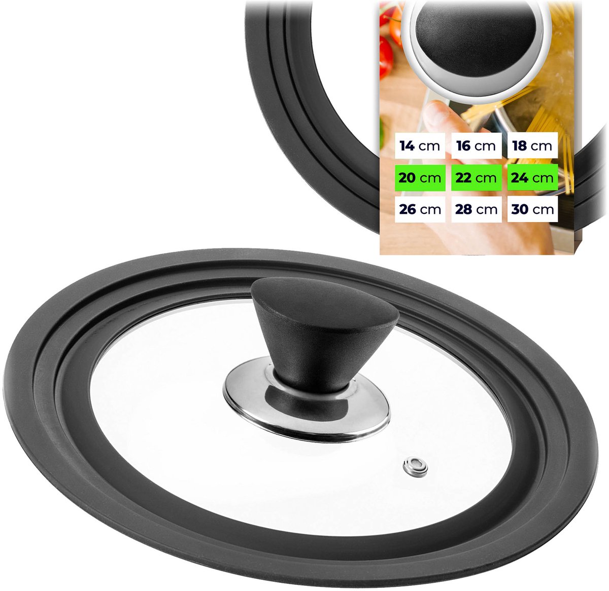 KADAX universele deksel 20/22/24 cm, universele deksel voor potten en pannen, pannendeksel, glazen deksel met siliconenrand en stoomopening, potdeksel (zilver/zwart)