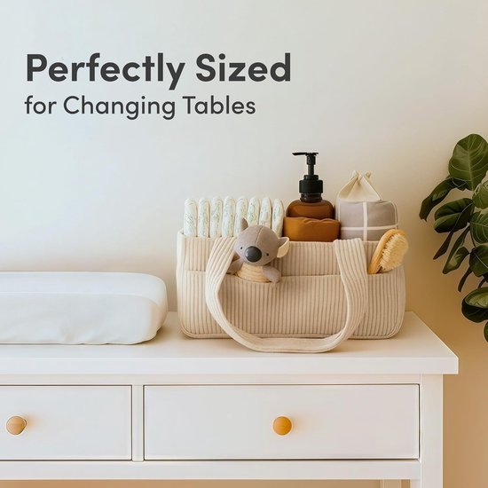 Luieropbergmand - Luiertas - Luiermand met grote capaciteit - Luieropbergmand voor in de auto - 35x23x18cm - Opvouwbaar - Corduroy - Geschikt voor auto-interieurs, kinderkamers, badkamers en buitenactiviteiten - Beige — afbeelding 3