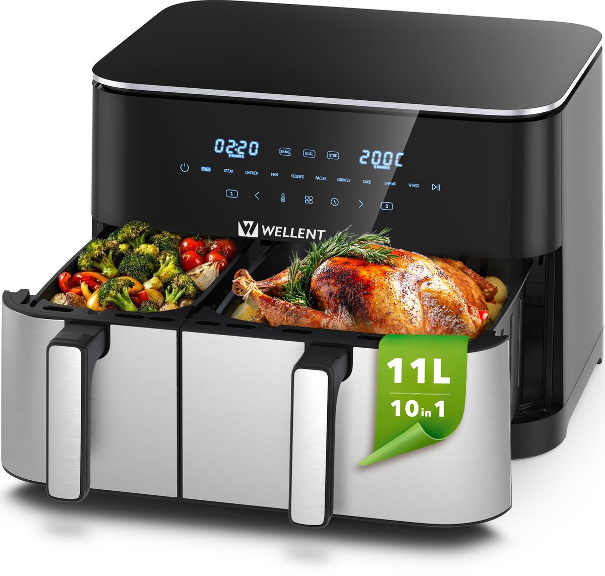 WELLENT Dubbele Airfryer XXL 11L - 4L + 7L - 2600W - 10 Programma’s - Smart Finish & Match Cook - 80–200°C Instelbaar - PFAS-vrij - Vaatwasserbestendige Manden