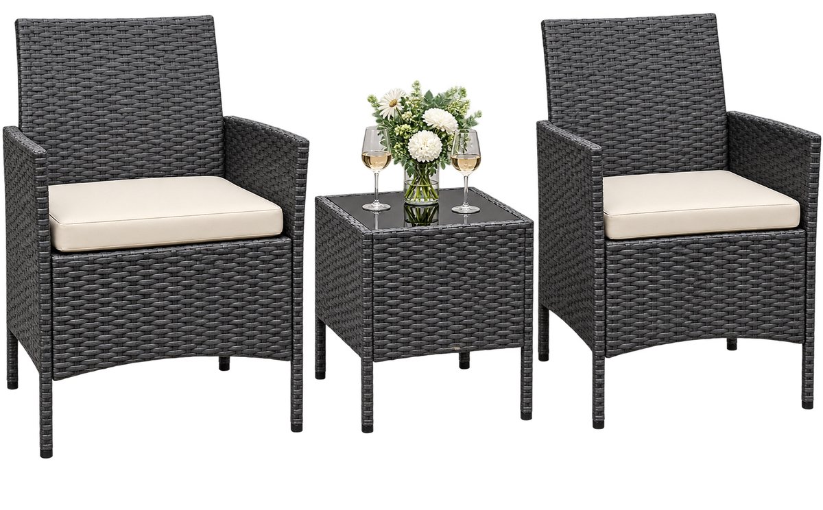 DeltaMerch Bistroset - Rotan Tuinmeubelset - 2 stoelen, 1 tafel - Afneembare kussenhoezen - Eenvoudige montage - Zwart - Beige
