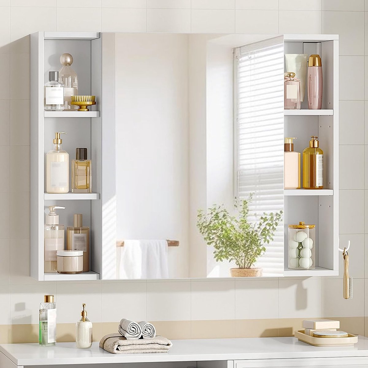 Hzuaneri Spiegelkast, badkamerspiegelkast, wandkast, hangkast met spiegeldeuren en open vak, verstelbare plank, flexibel te monteren, 16,5 x 80 x 65 cm, wit