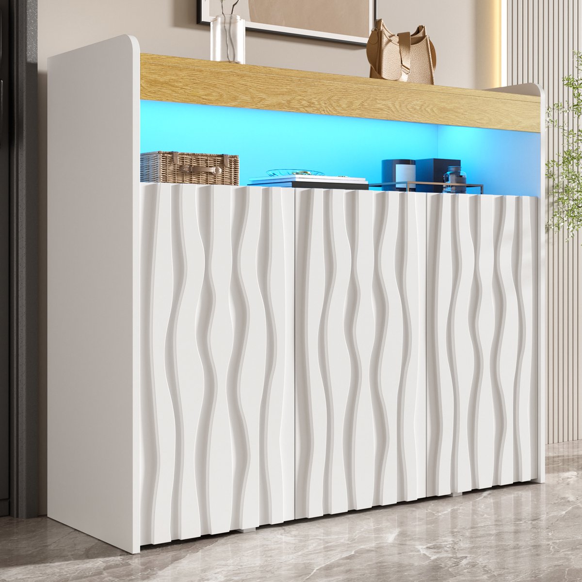 VVBV Schoenenkast 105x35x90.5 cm - Verstelbare Planken, Opbergruimte, LED-Verlichting, Met Planken - Wit/Naturel, Spaanplaat