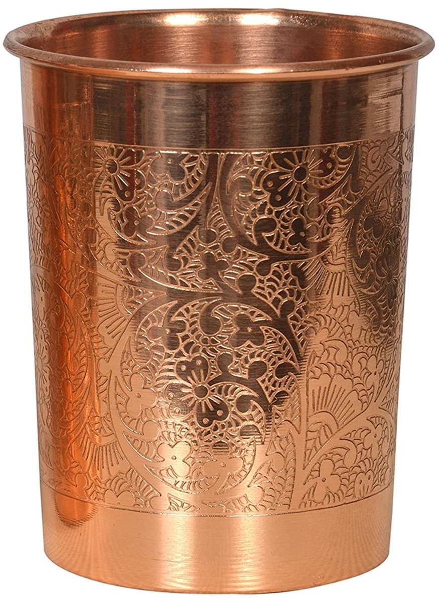 Beker met bloempatroon en deksel, koper, Sattva Ayurveda, 350 ml