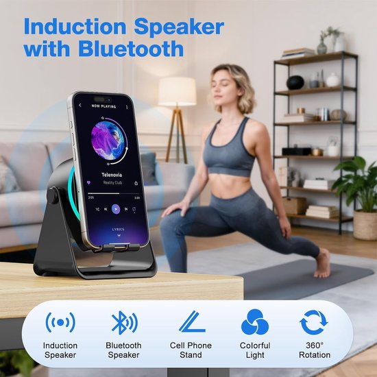 Draadloze inductie Bluetooth luidspreker 5-in-1, 360° draaibare telefoonhouder en sfeerverlichting in diverse kleuren, geschikt voor iPhone, iPad, Android en tablets, perfect verjaardagscadeau voor mannen en vrouwen（zwart） — afbeelding 4