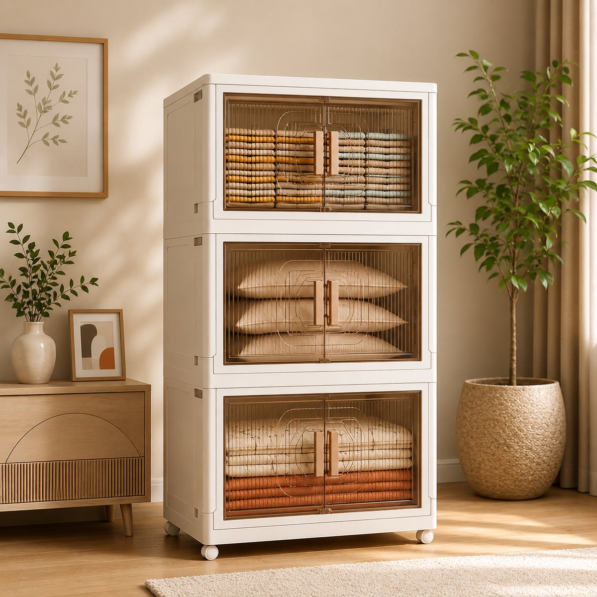 Set van 3 opvouwbare opbergdozen met deksel, 55 L per stuk, met wielen en stapelbaar - Zwart