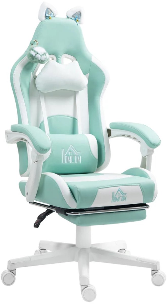 Ergonomische Gamingstoel met Kattenoortjes, Uitschuifbare Voetensteun - 135° Verstelbare Rugleuning - In Hoogte Verstelbaar - Relaxfauteuil - Bureaustoel - TV Stoel - Tiffanyblauw