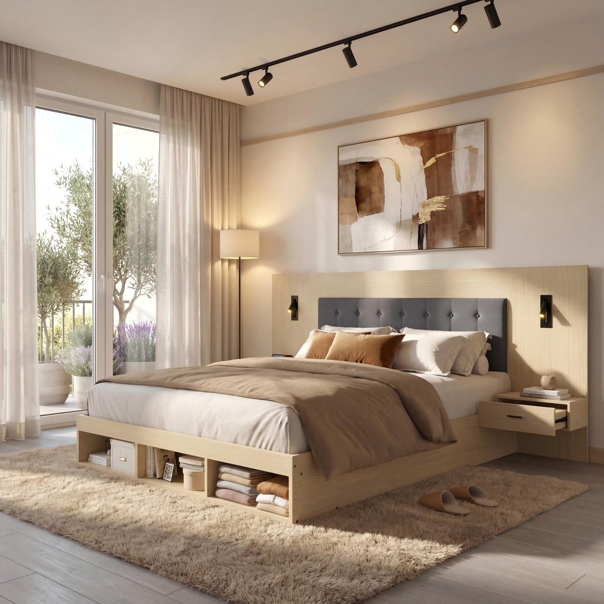 VVBV Tweepersoonsbed 180x200 cm - USB & Type-C, Opbergruimte, Stopcontact, Met Planken - Eiken, MDF
