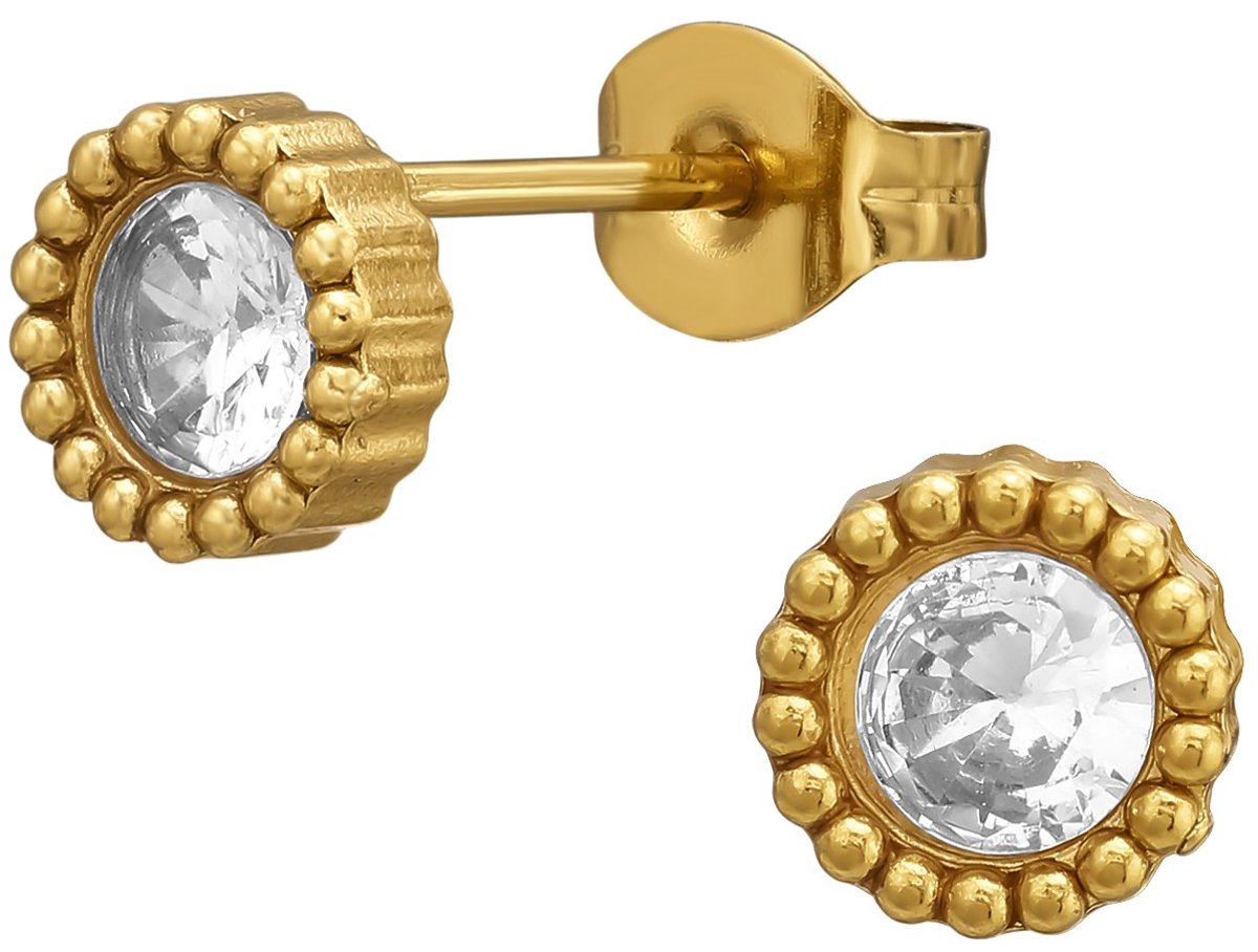 Joy Ibiza - ronde oorbellen met zirkonia - chirurgisch staal - 6.5 mm - dots bewerkt randje - oorknopjes - ip/pvd gold plated