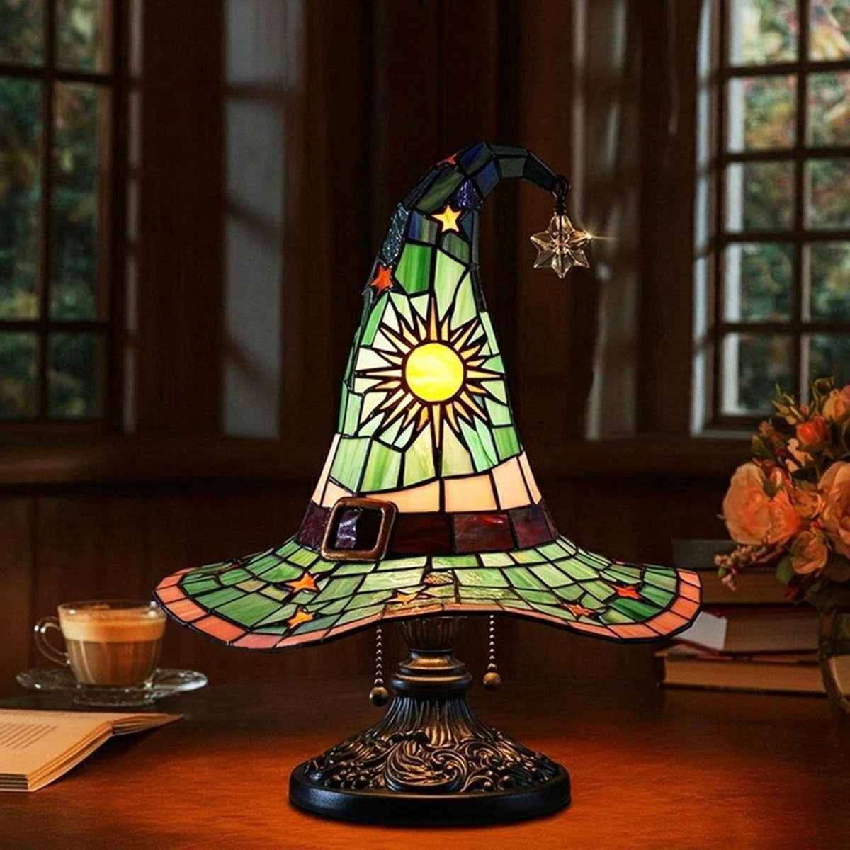 Casalora Halloween Heksenhoed Lamp – Retro Tafellamp met LED Verlichting – USB Oplaadbare Gothic Nachtlamp voor Halloween Decoratie, Slaapkamer en Boekenplank – Groen