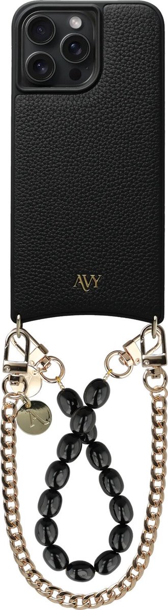 AVY Leren Hoesje Geschikt voor Apple iPhone 15 Pro | Compatibel met MagSafe | Leather Case met Telefoonkoord | 2 Polsbandjes | Zwart | Rosario Gold Set