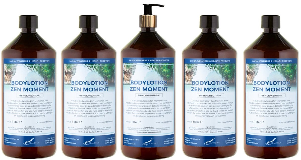 Bodylotion Zen Moment 1 Liter - met gouden pomp - set van 5 stuks - Voordeelverpakking