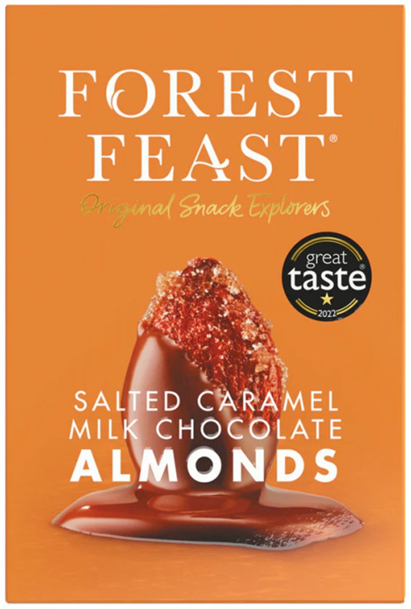 Forest Feast amandelen omhuld met melkchocolade en gezouten karamel in een geschenkkoker, 140 g