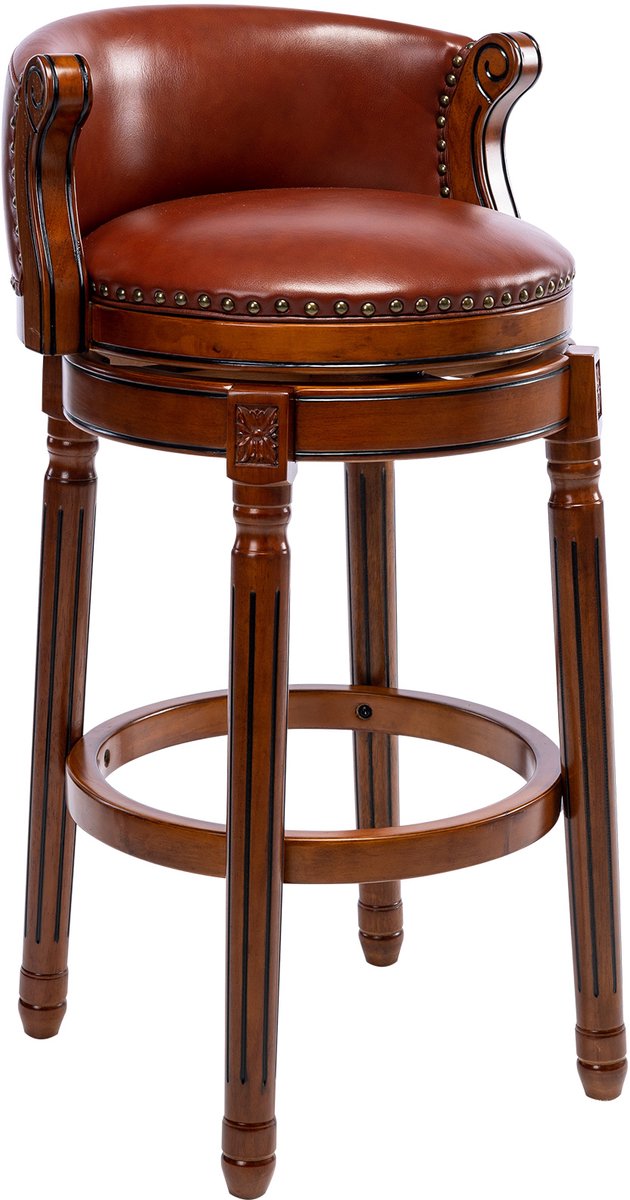 Clruro Barkruk - Zithoogte 75 cm - 360° Draaibaar met Rugleuning - Rundleer en Hout - Ivoor