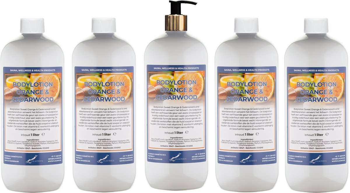Bodylotion Sweet Orange & Cedarwood 1 Liter - met gouden pomp - set van 5 stuks - Voordeelverpakking