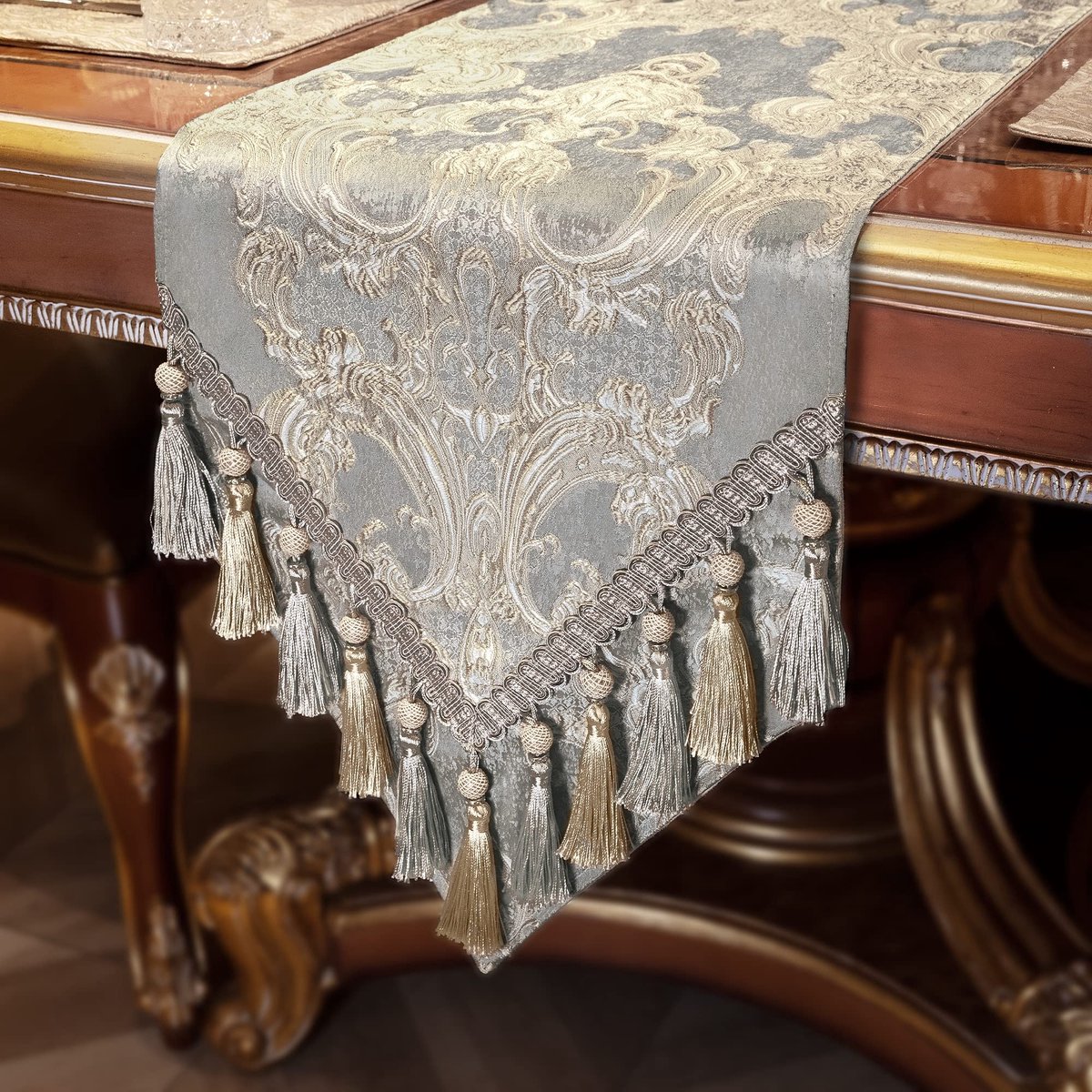 Solidchoice - Luxe Tafelrunner met Kwasten - Dubbel Laags Damast 33x274cm - Licht Grijs