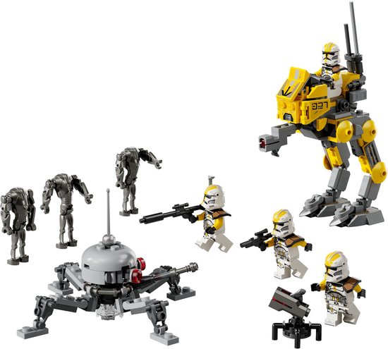 Le set LEGO Star Wars 327th Star Corps Battle Pack comprend 4 clones, 3 Battle Droids, un droïde araignée et un marcheur AT-RT jaune et gris.