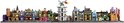 Een rij LEGO tovenaarswinkels uit de Wegisweg met diverse kleuren, details en een windmolen.