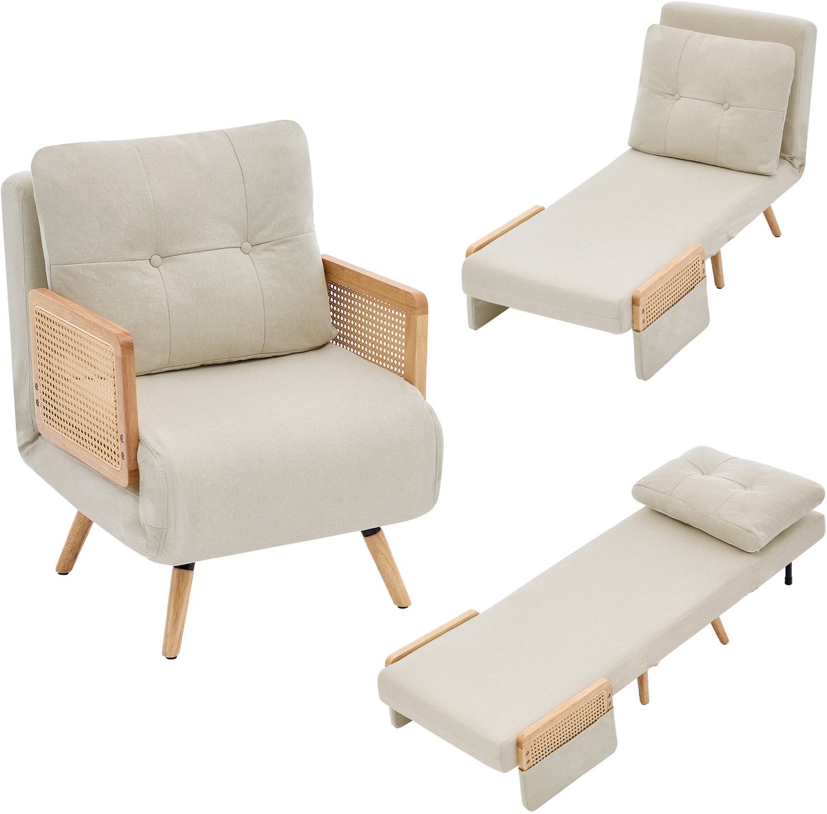 Slaapstoel 1-Zits - 3-in-1 Fauteuilbed, Verstelbare Ligstoel Met 5 Standen, Linnen Bekleding, Beige