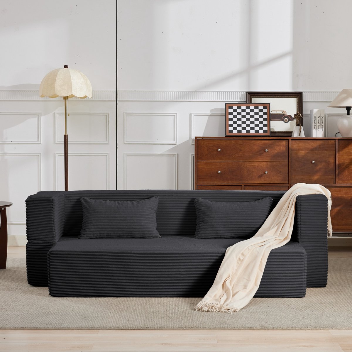 Praktisch 2-in-1 Corduroy Sofa Bed - Alles in Eén, Geen Montage, Met 2 Kussens - 198x105x30 cm, Grijs