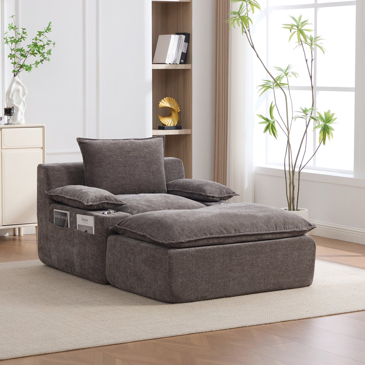Chenille Fauteuil - Luxe Lounge Stoel Met 4 Kussens - Comfortabele Relaxstoel Met Bekerhouder En Opbergvak - Vacuüm Verpakt Zonder Montage - Zachte 1 Persoons Stoel Voor Woonkamer Balkon - Grijs