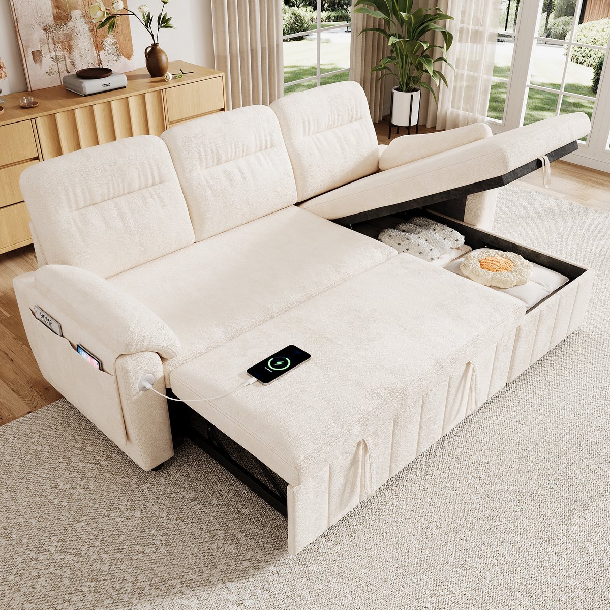 Hoekbank met stoel longue en opbergruimte, ideale voor gasten en flexibele woonruimtes - 208x131x88 cm, Beige