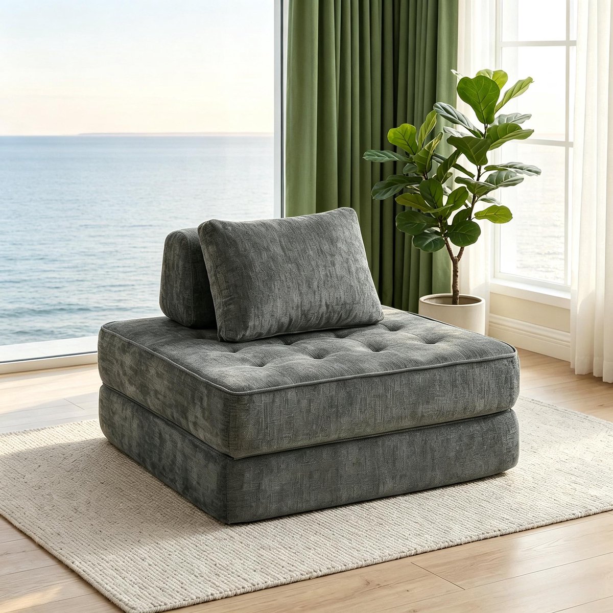 Slaapbank - 1 Zits Chenille Fauteuil Bed - 2 In 1 Opvouwbare Lounge Stoel Met Kussen - Compacte Sofa Bed Zonder Montage - Comfortabele Vloerbank Voor Woonkamer Slaapkamer Kantoor - Grijs