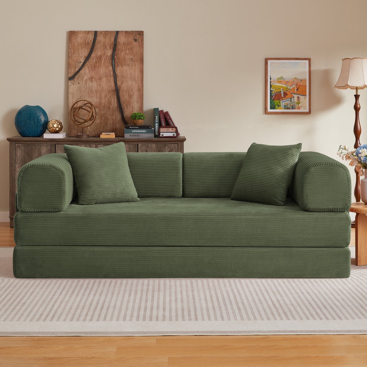 Modulaire Slaapbank - Groene Ribstof Vloerbank 3-Zits Met 17 cm Schuimmatras, Frameloos Design, Opvouwbare Lounge Bank, Comfortabele Zitbank Voor Woonkamer En Appartement