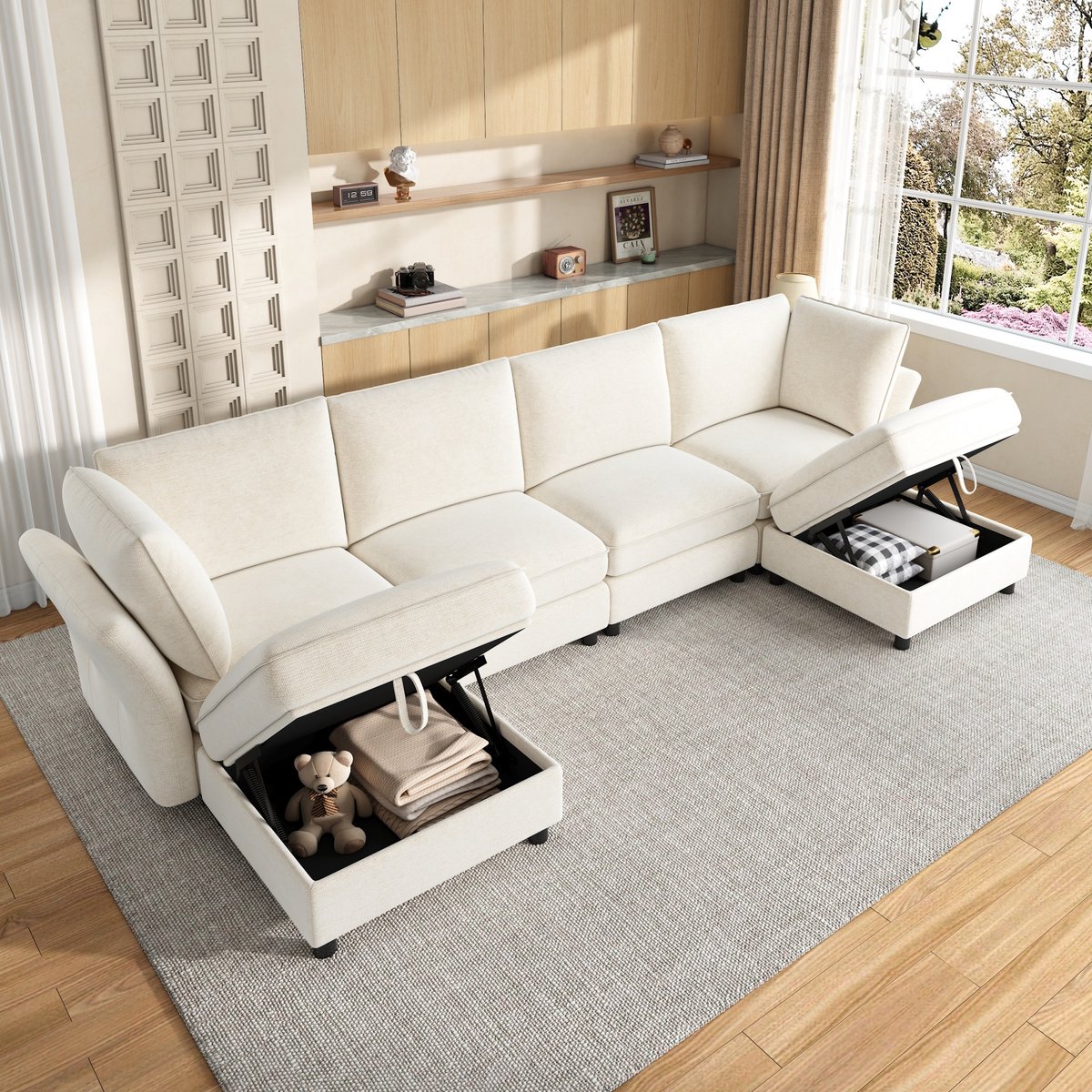 Chenille Cloud-Design Hoekbank: Meubel voor ontspanning en opbergen - 289x137x84 cm, Beige