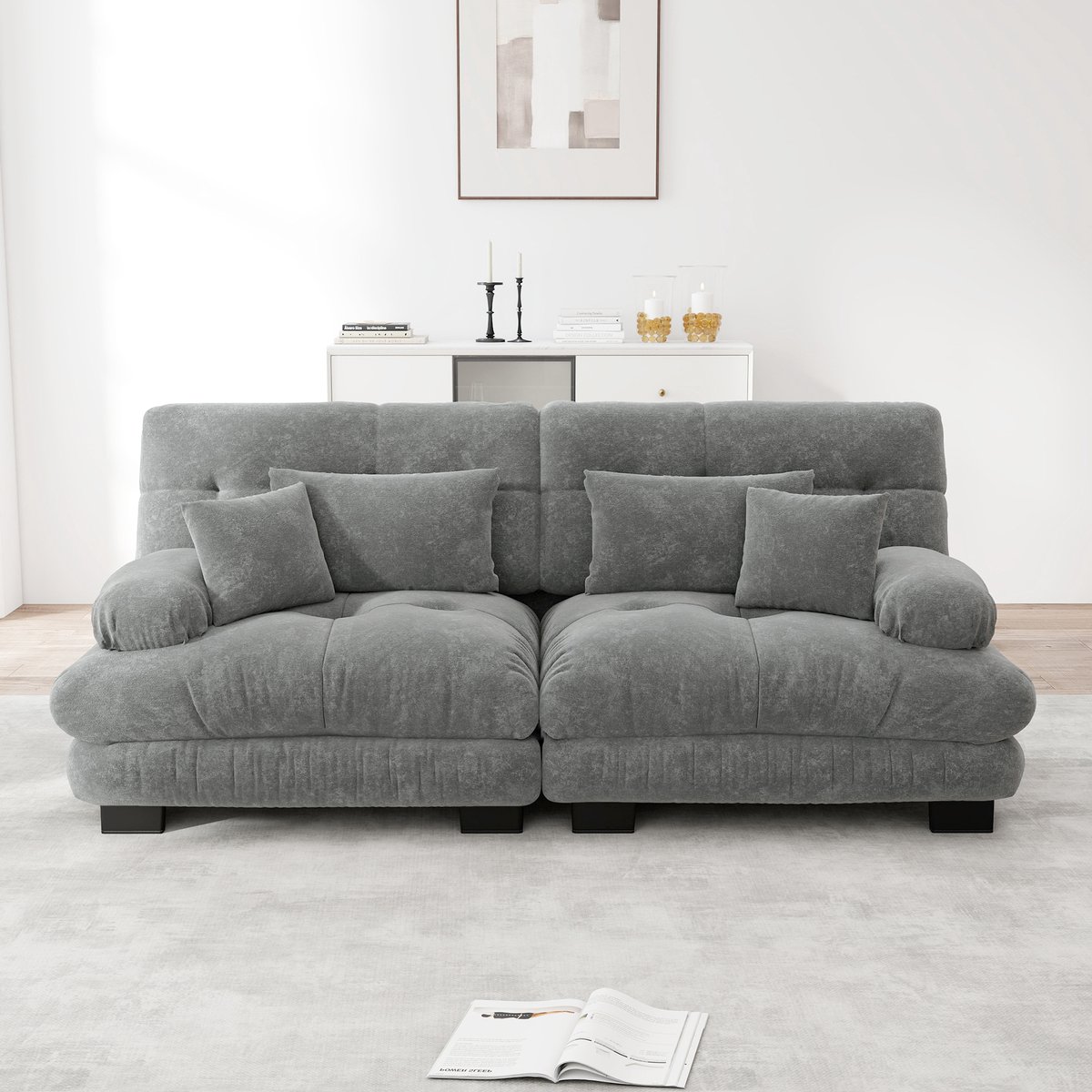 Modulaire Hoekbank - 2-Zits Chenille Cloud Sofa Met Houten Frame - Luxe Lounge Bank Met 2 Sierkussens En Lendenkussens - Comfortabele Woonkamerbank - Grijs