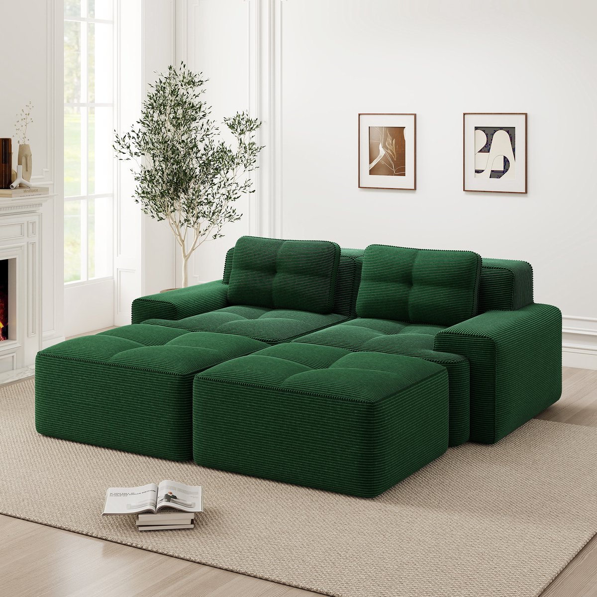 Frameloze Bank - U-Vorm Cloud Sofa Met Ribcord Bekleding - Modulaire Lounge Bank Met Hocker En Brede Armleuningen - Zachte Relaxbank Zonder Montage
