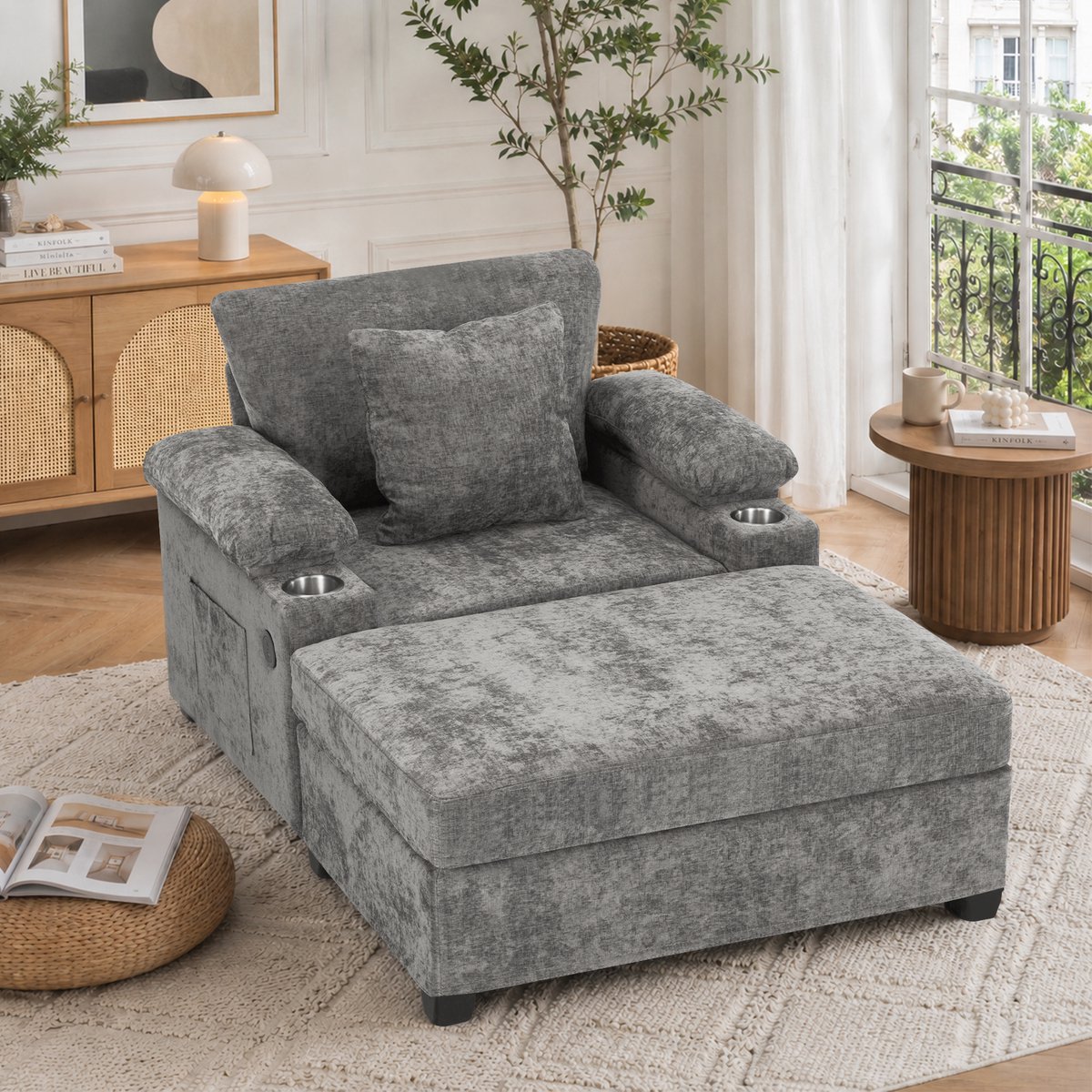 Ontwerp vol Comfort en Functionaliteit - Chenille Liegestuhl in - 72x37x52 cm, Grijs