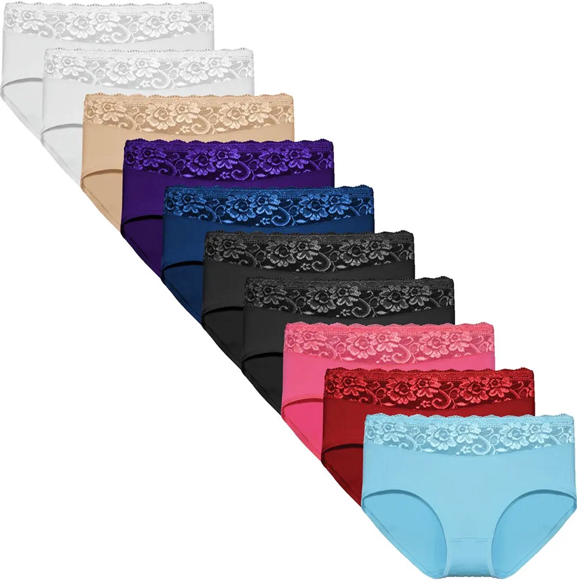 Fine Woman 10-pak dames taille slip kant - Katoen - Multipack dames onderbroeken - Dames ondergoed voordeelverpakking - M