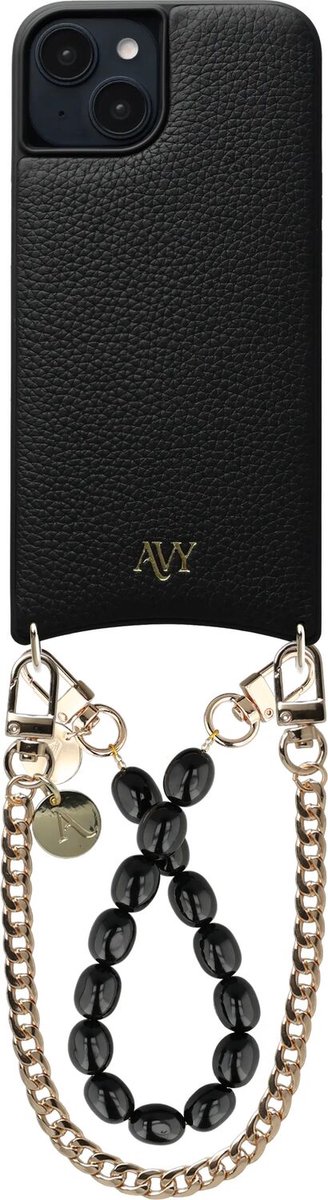 AVY Leren Hoesje Geschikt voor Apple iPhone 15 | Compatibel met MagSafe | Leather Case met Telefoonkoord | 2 Polsbandjes | Zwart | Rosario Gold Set