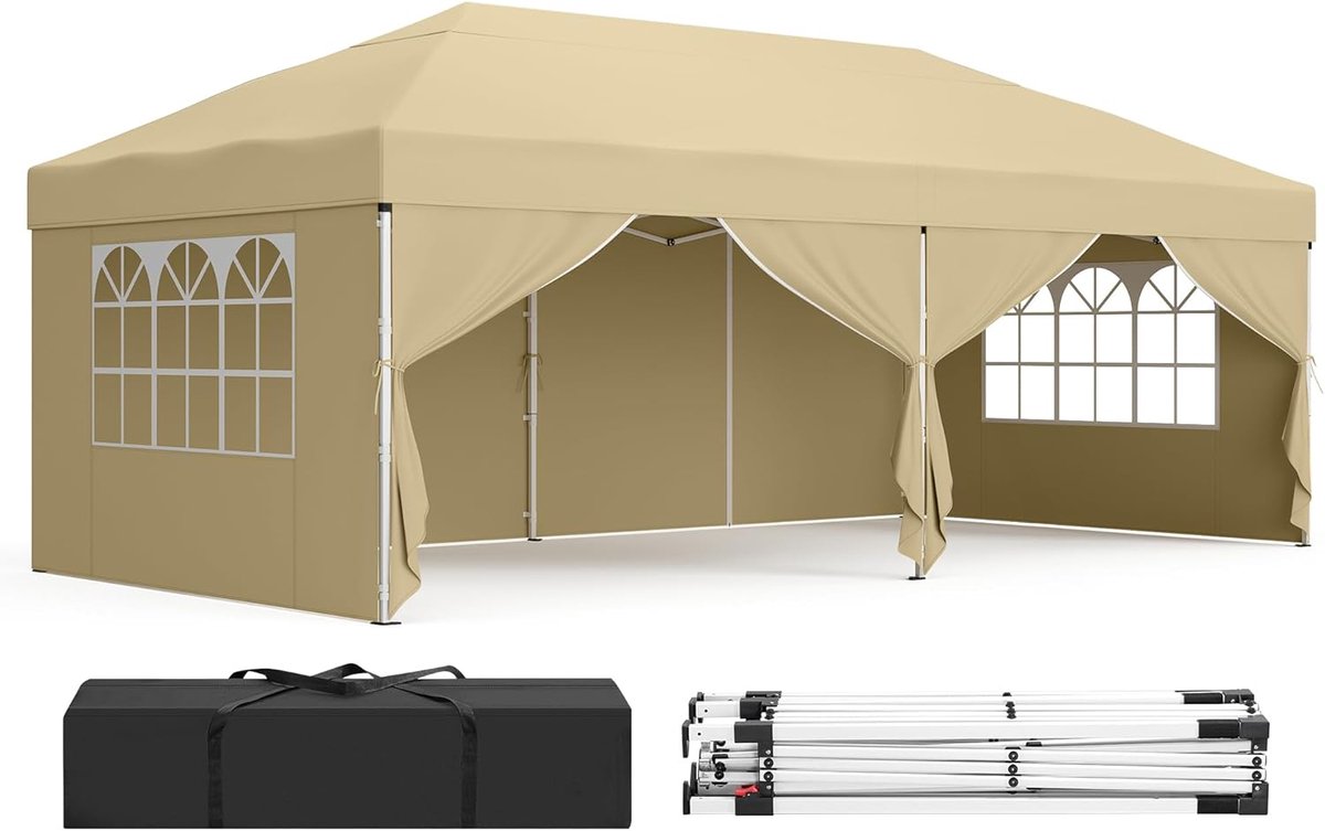 SONGMICS Tuinpaviljoen 3 x 6 m met zijwanden, opvouwbaar, tuinpaviljoen, partytent, zonnescherm, lichtgewicht, regenhoes, draagbaar, voor tuin, markt of feest, beige GCT204LZ01