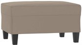 Taupe voetenbank met vier zwarte poten en een zachte microvezelstof bekleding.
