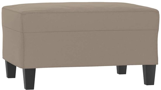 Taupe voetenbank met vier zwarte poten en een zachte microvezelstof bekleding.