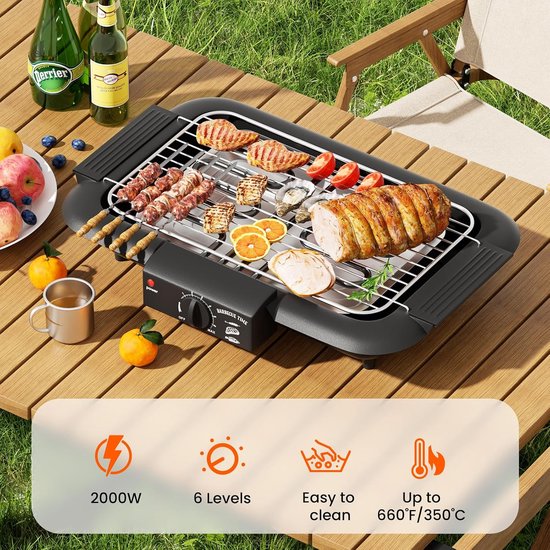 Elektrische BBQ - Rookarme Tafelbarbecue 2000W - Grillrooster - Zwart - Perfect voor Balkon of Camping — afbeelding 2