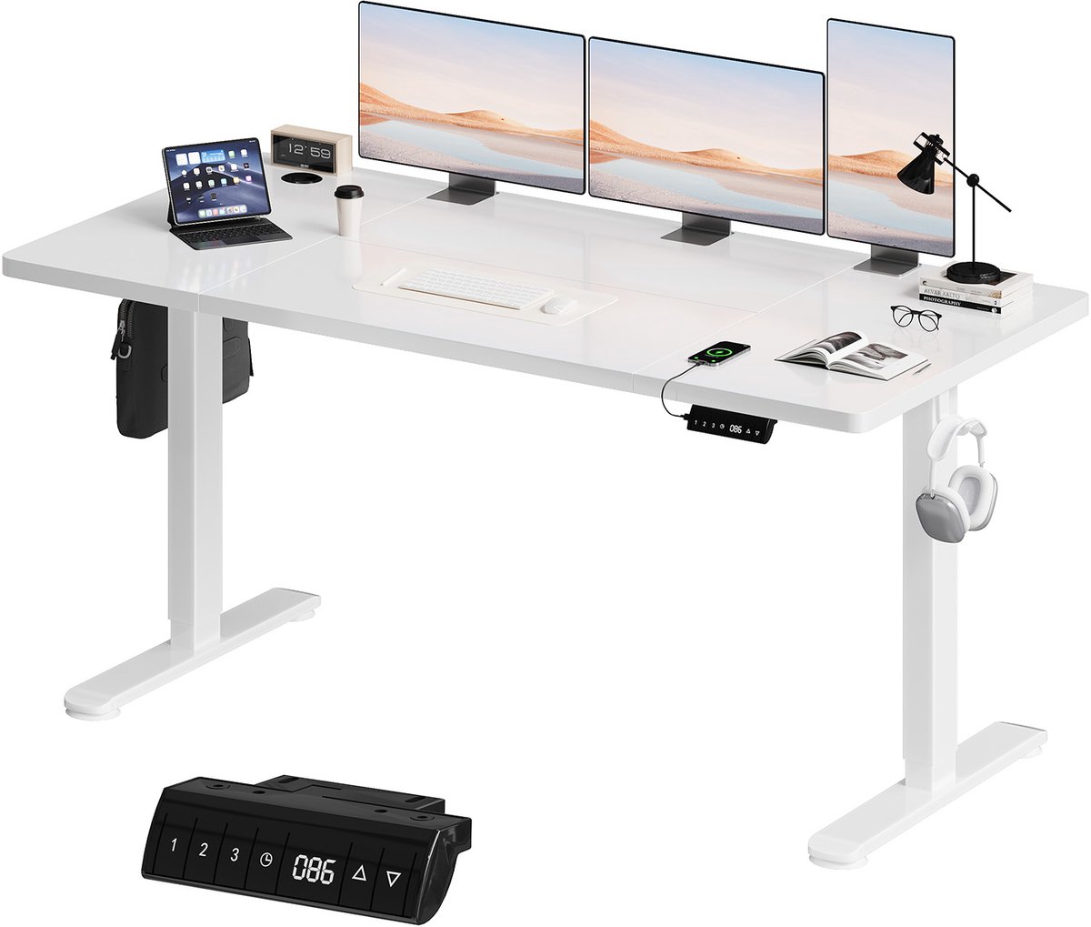 Devoko Elektrisch Zit-Sta Bureau 160x80 cm – 18 mm Dik Tafelblad – 3 Geheugenstanden – USB en Zit-alarm – Kabelmanagement – Wit frame met wit blad