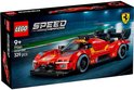 LEGO Speed Champions Ferrari 499P rouge avec des accents jaunes sur une piste de course. La boîte montre la voiture avec le numéro 52.